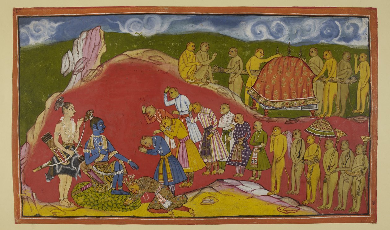 Lisää 15296 (2) f.44r, Rama istuu luolassaan lootuksen terälehtien istuimella ja Laksmana seisoo hänen vieressään, on iloinen nähdessään valtavan apinaarmeijan, jonka Sugriva on tuonut mukanaan. Sugriva putoaa Raman jalkojen juureen ja myös apinaministerit tekijältä Indian School