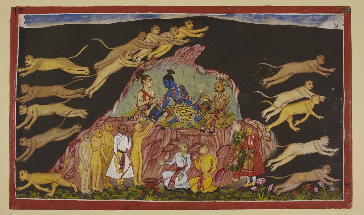 Lisää 15296 (2) f.49r, Rama, Laksmana ja Sugriva istuvat kalliolla. Sugriva jakaa valtavat joukkonsa neljään osaan ja lähettää heidät etsimään Sitaa. Jokaiselle joukon johtajalle hän kuvailee maastoa, jonka he kohtaavat tekijältä Indian School