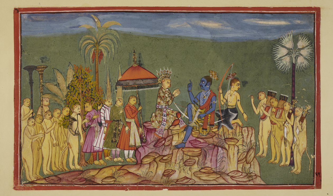 Lisää 15296 (2) f.56r, Rama kysyy Sugrivalta, joka oli aiemmin kuvaillut maailman neljää neljännestä, kuinka hän tutustui ne niin hyvin. Sugriva kertoo hänelle, että hänen veljensä Ba ajoi häntä takaa neljän neljänneksen läpi tekijältä Indian School