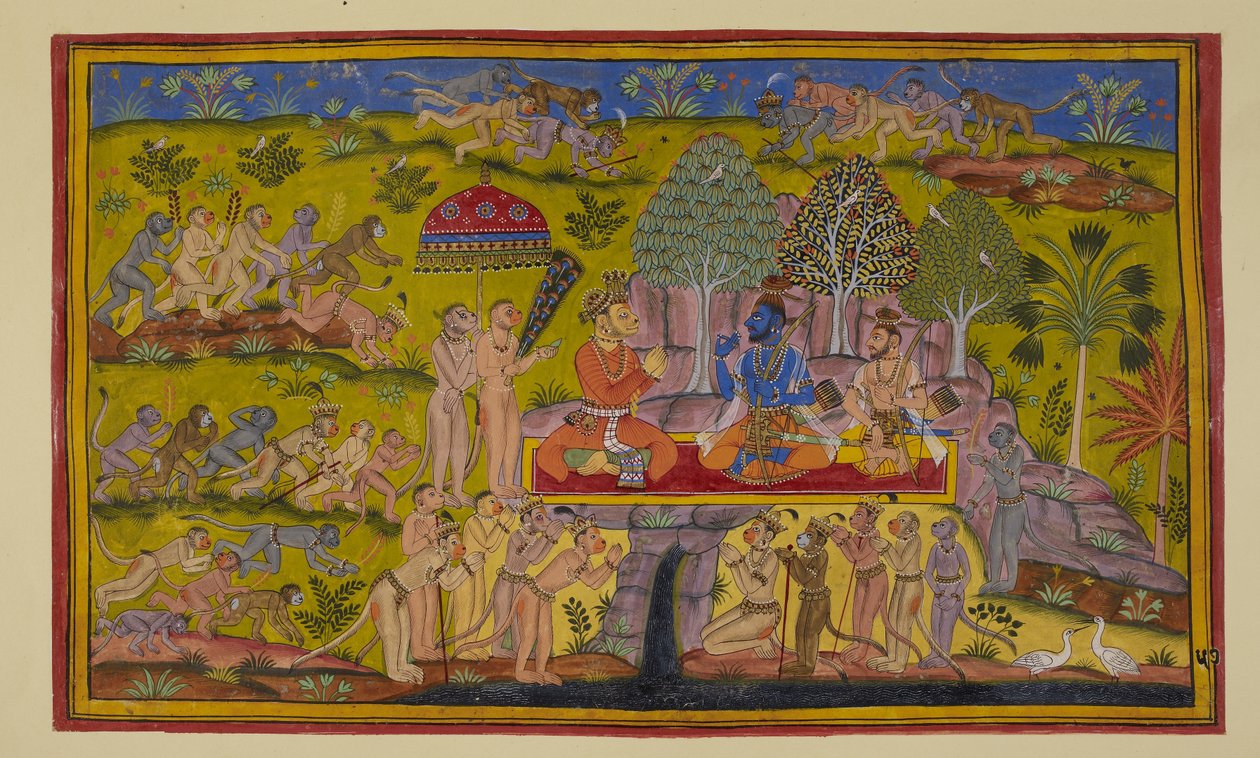 Lisää 15296 (2) f.57r, Sugrivan puhuessa edelleen aikaisemmista seikkailuistaan kahdelle veljekselle, itä-, pohjois- ja länsikortteliin lähetetyt apinat palaavat ja raportoivat, että heidän etsintönsä oli turha, ei ollut merkkejä. Sitasta. tekijältä Indian School