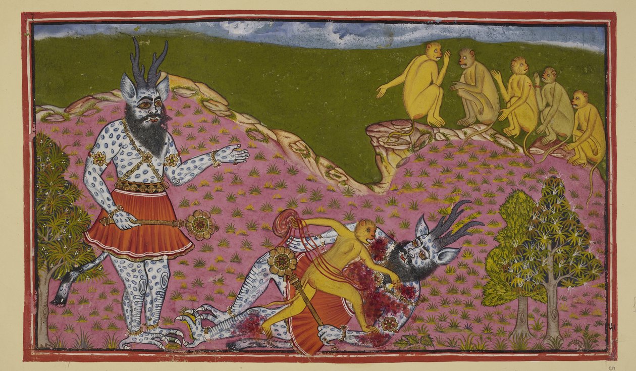 Lisää 15296 (2) f.59r, Etelään menneet apinat, mukaan lukien Hanuman ja Angada, kohtaavat valtavan asuran (demonin), sinisen ja hilseilevän, jolla on sarvet ja nuija. Luuleessaan olevansa Ravana, Angada kaataa hänet maahan ja suolisto irti, kun taas muut a tekijältä Indian School