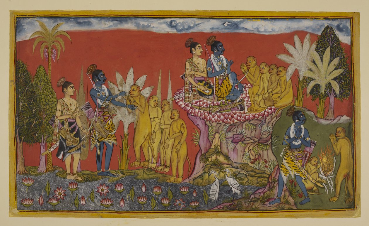 Lisää 15296 (2) f.5r, Hanuman tuo nyt Raman ja Laksmanan Sugrivan eteen vuorella. Rama ja Sugriva kiinnittävät kädet ystävyyslupauksensa merkiksi Laksmanan ja muiden apinoiden katsellessa; ja sitten samanlaisessa hengessä he kävelevät tekijältä Indian School