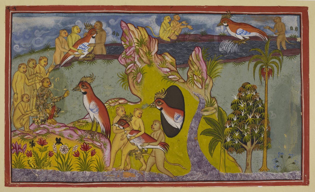 Lisää 15296 (2) f.68r, Apinat ovat päättäneet kuolla nälkiintymällä eteläisen valtameren rannoilla sen sijaan, että palaisivat kohtaamaan kuninkaansa vihaa. Ne näkee siivetön korppikotka Sampati, korppikotkakuningas Jatayun veli, joka tekijältä Indian School