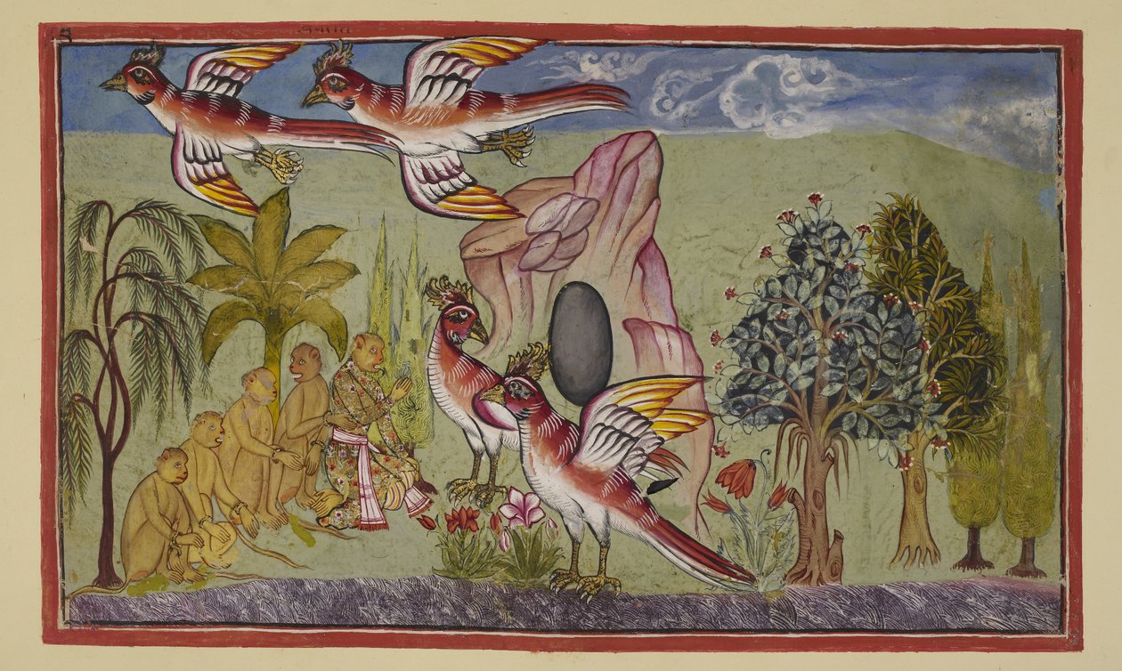 Lisää 15296 (2) f.74r, Sampatin siivet kasvavat uudelleen sen profetian mukaisesti, että he tekisivät niin, kun hän oli tehnyt palveluksen maailmalle oppimalla minne Sita oli viety, jolloin Rama sai hänet takaisin. Apinat huudahtavat ihmeissään tekijältä Indian School