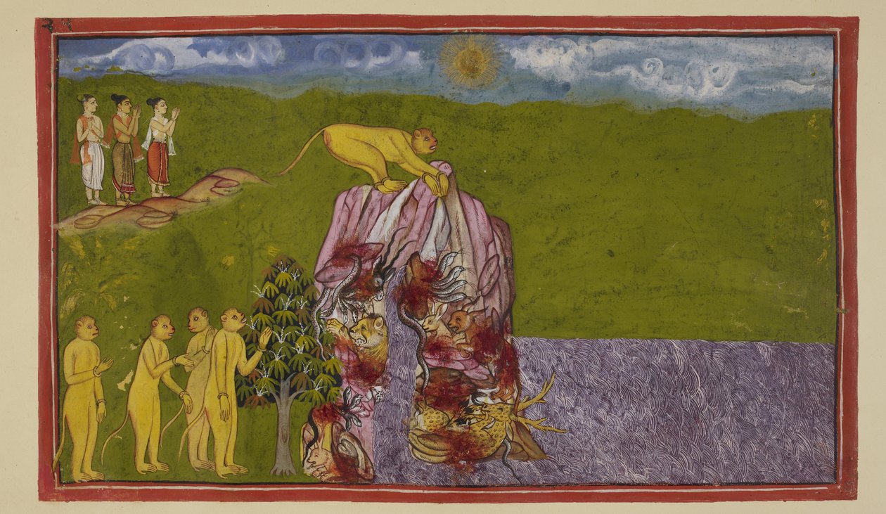 Lisää 15296 (2) f.81r, Suuren valtameren rannoilla apinat olivat järkyttyneitä siitä, kuinka he voisivat ylittää sen päästäkseen La?k?:lle. Angada kysyi heiltä kaikilta, kuinka pitkälle he voisivat hypätä, mutta kukaan ei ollut varma hyppäävänsä näin pitkä tekijältä Indian School