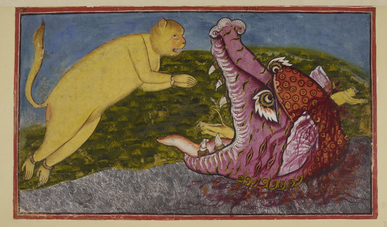 Lisää 15296 (2) f.86r, Meren pohjassa asuva käärmeemo Surasa, jota jumalat painostavat koettelemaan Hanumania, on muuttanut itsensä suureksi merihirviöksi, jolla on mahtavat leuat, punainen, violetti ja hampaat. Ei ole väliä kuinka leveästi hän laajentaa h tekijältä Indian School