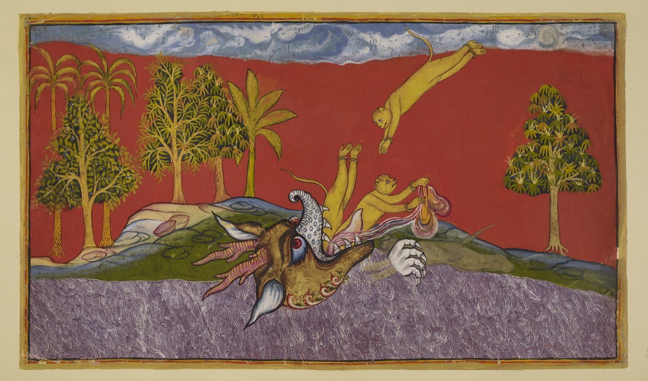 Lisää 15296 (2) f.87r, Hanuman sukeltaa demoness Siṃhikan suuhun tekijältä Indian School