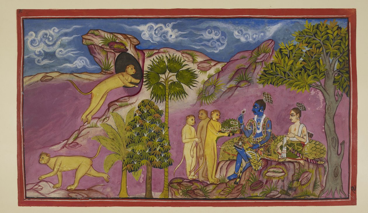 Lisää 15296 (2) f.9r, Sugriva kertoo Ramalle nähneensä Ravanan kantavan Sitaa vaunuissa, kamppailemassa ja huutavan Raman ja Laksmanan nimiä. Nähdessään hänet alhaalla hän päästi jalokivinsä ja ylävaatteensa pudottamaan. Sugriva juoksee luolaan tekijältä Indian School