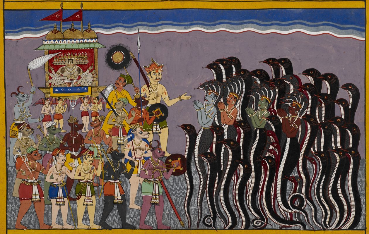 Lisää 15297(2) f.43r Ravana laskeutuu vesialueille eli rasatalaan, valtameren pohjalla sijaitsevaan helvettiin. Vasukia, veden jumalaa ja nagat on kuvattu käsien liitettyinä Ravanan alistamana vaunuissaan, jota ympäröi demo tekijältä Indian School