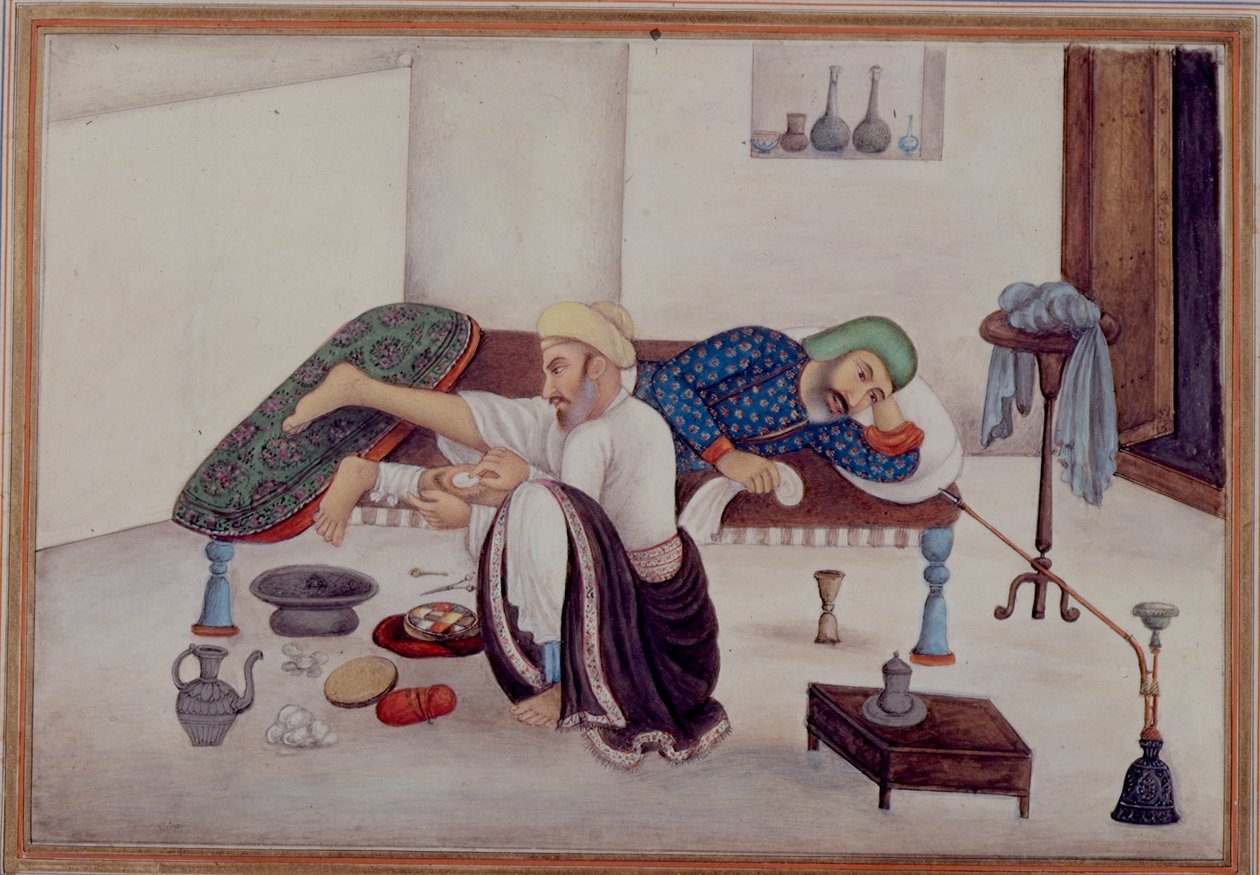 Lisää 27255 fol.219v Kirurgi potilaan kanssa, eversti James Skinnerin (1778-1841) kokoamasta Tashrih al-aqvamista 1825 (guassi paperilla) tekijältä Indian School