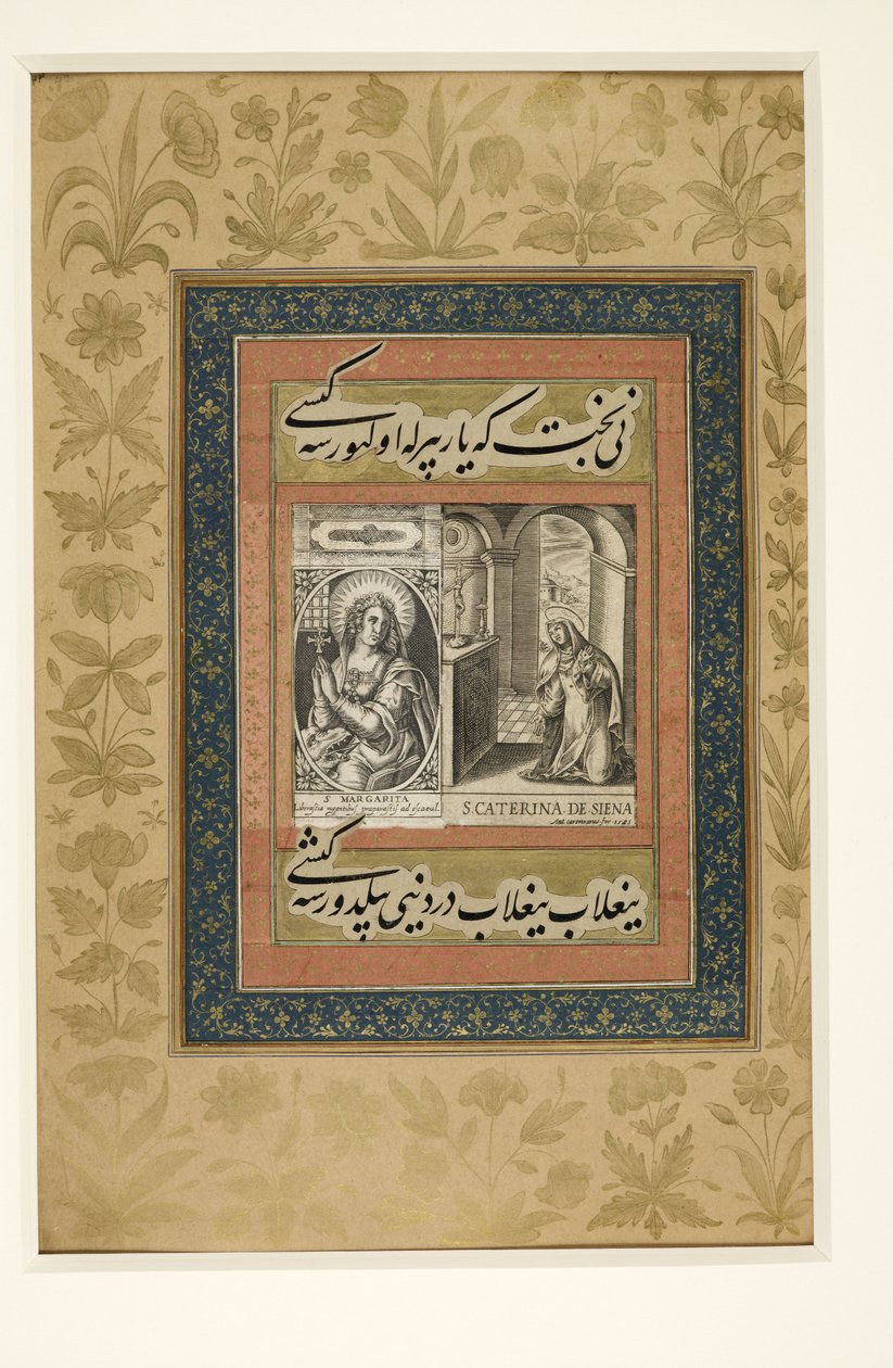 Lisätä. Tai. MS 3129, f. 43r Sivu, jossa eurooppalainen kaiverrus St Catherine of Siena, "Dara Shikoh Album" -albumista, n. 1640 (kaiverrus ja vellum) tekijältä Indian School