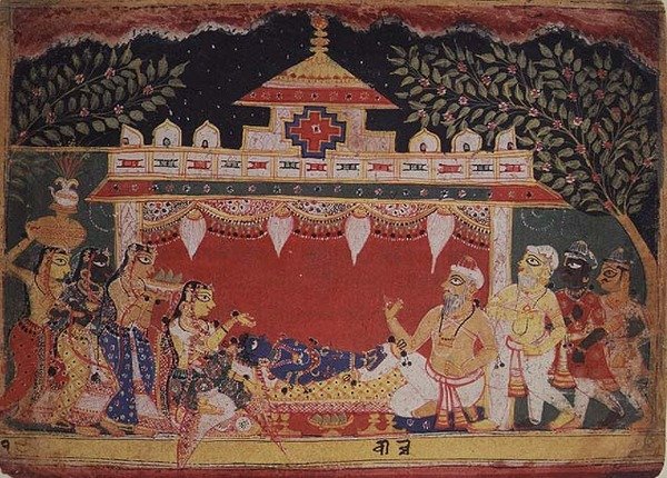 Krishnan ihailu hajallaan "Bhagavita Puranassa", Mewar, Rajasthan tekijältä Indian School