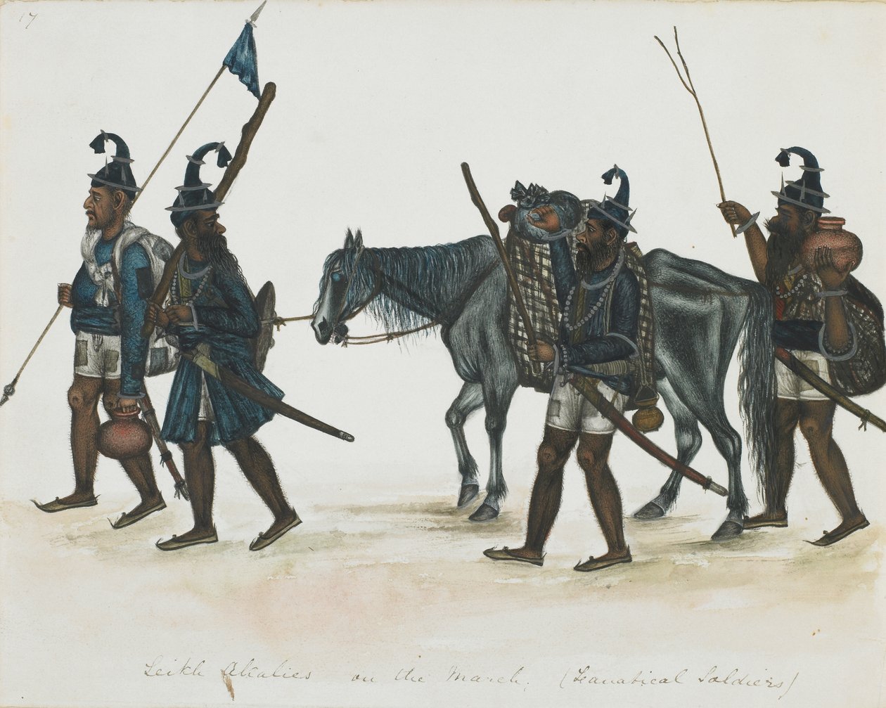 Akali-sikhit maaliskuussa, n. 1850 (läpinäkymätön akvarelli paperille) tekijältä Indian School