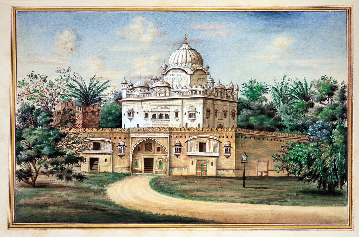 Akali Temple Amritsar, kirjasta The Kingdom of the Punjab, its Rulers and Chiefs, osa II, 30 akvarellitutkimuksen osio tunnistamattomalta intialaiselta taiteilijalta, n. 1840 (wc paperilla) tekijältä Indian School