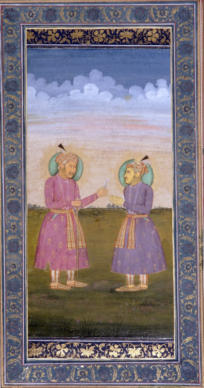 Akbar ojentaa jalokivihöyhenen pojalleen Jahangirille, n. 1845 (läpinäkymätön wc ja kultaa paperilla) tekijältä Indian School