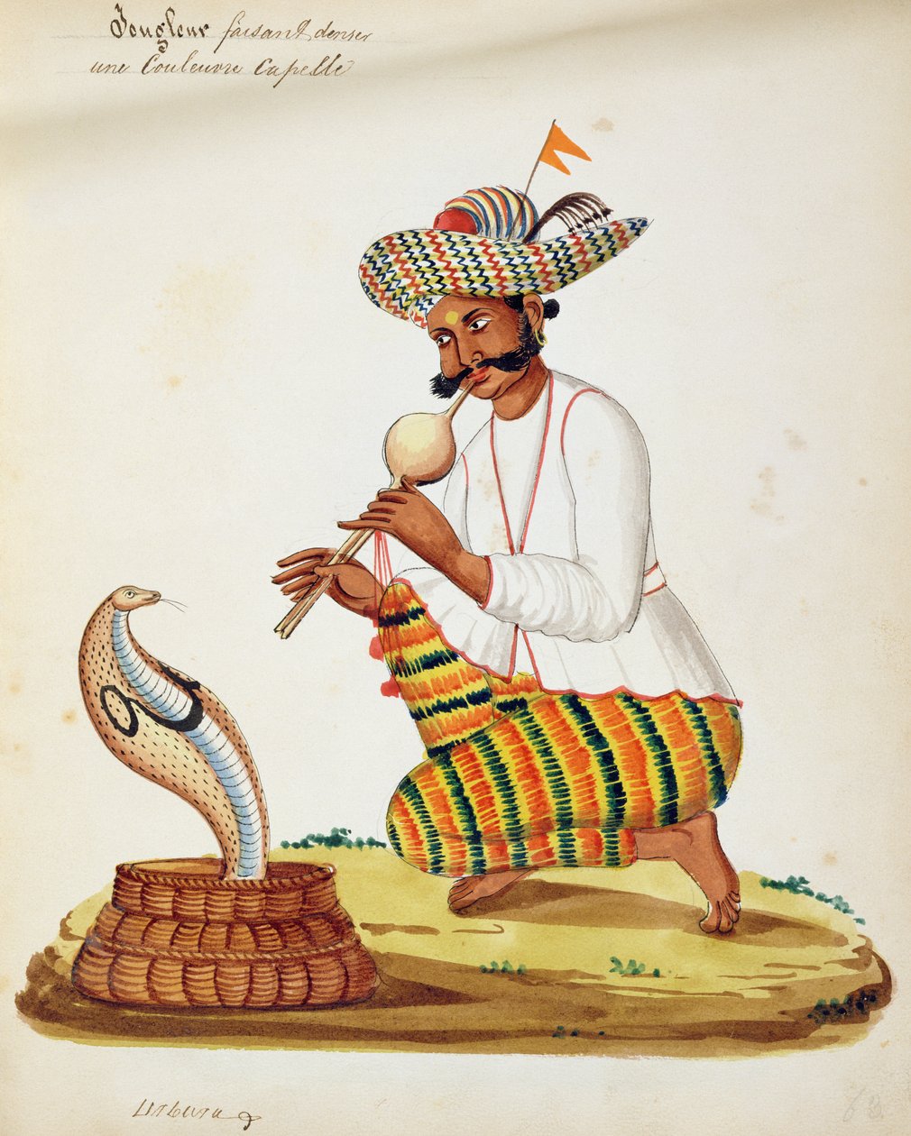 Intialainen Snake Charmer kobralla ranskalaisesta piirustusalbumista tekijältä Indian School