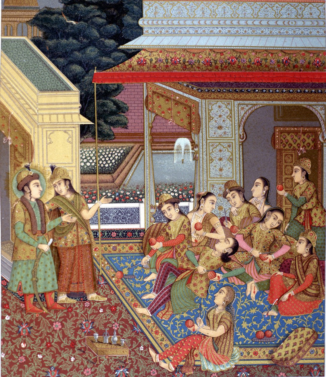 Intialainen haaremi. Kuva Moghol-miniatyyristä (1500- ja 1600-luvun intialaisten miniaturistien koulu). tekijältä Indian School