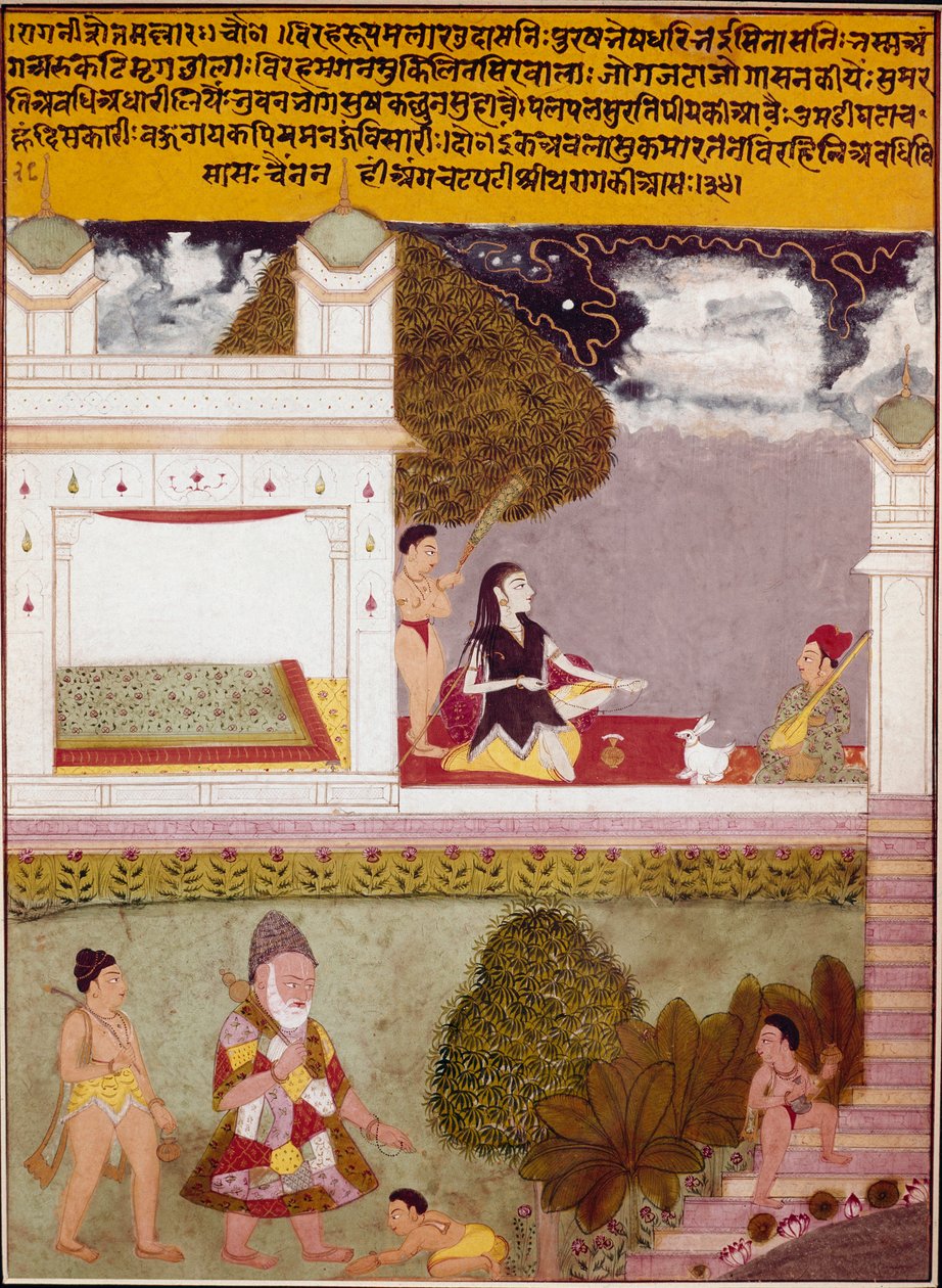 Askeetti kuuntelee musiikkia intialaisen koulun pienoispalatsin terassilla, noin 1760. Yksityiskokoelma tekijältä Indian School