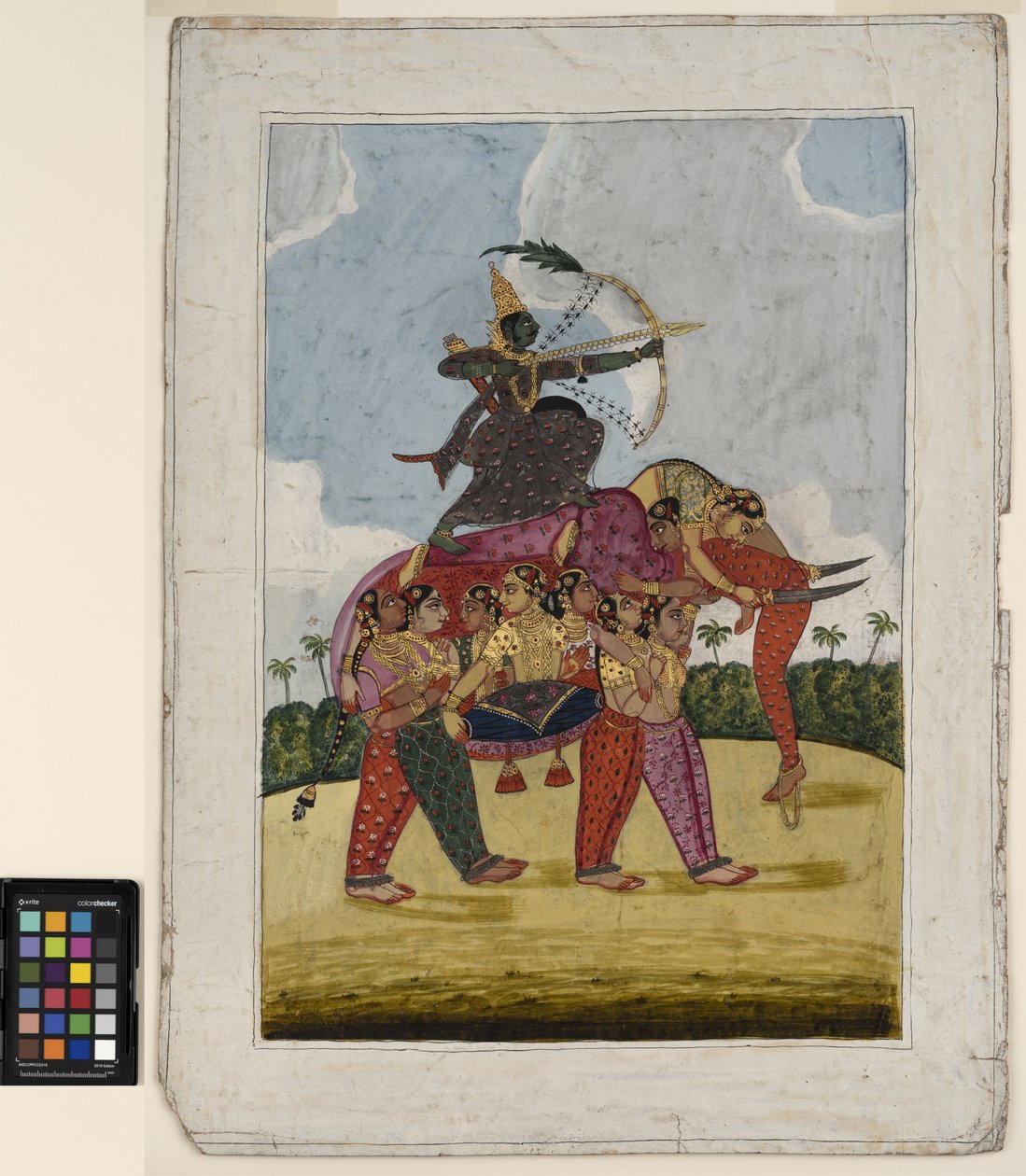 Tanssivista naisista koostuva norsu, yhdistelmä, toimii telineenä jousiampujalle, n. 1825 (läpinäkymätön akvarelli ja kulta paperilla) tekijältä Indian School