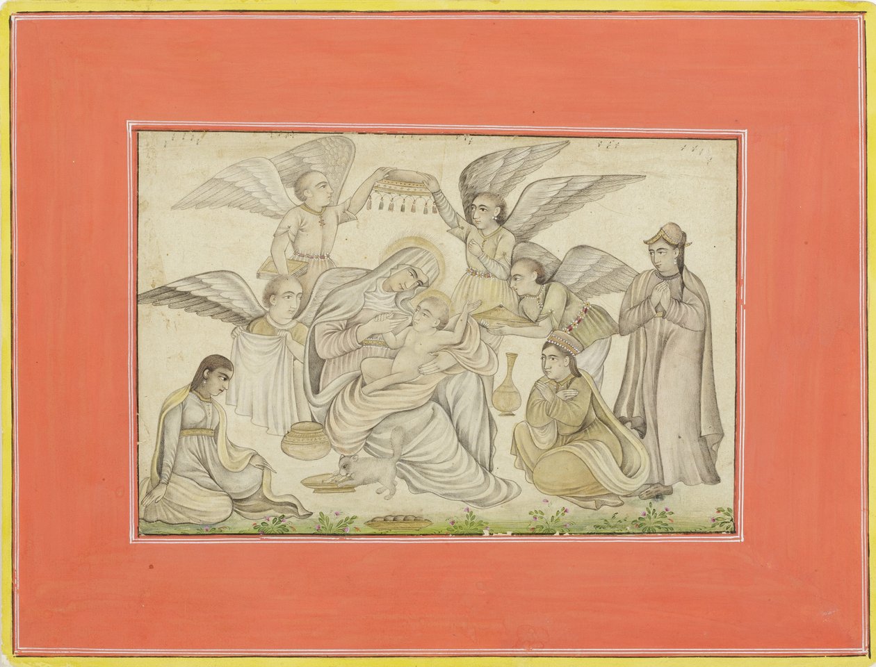Enkelit osallistuvat Mariaan ja Jeesukseen, n. 1665 (läpinäkymätön wc ja kultaa paperilla) tekijältä Indian School