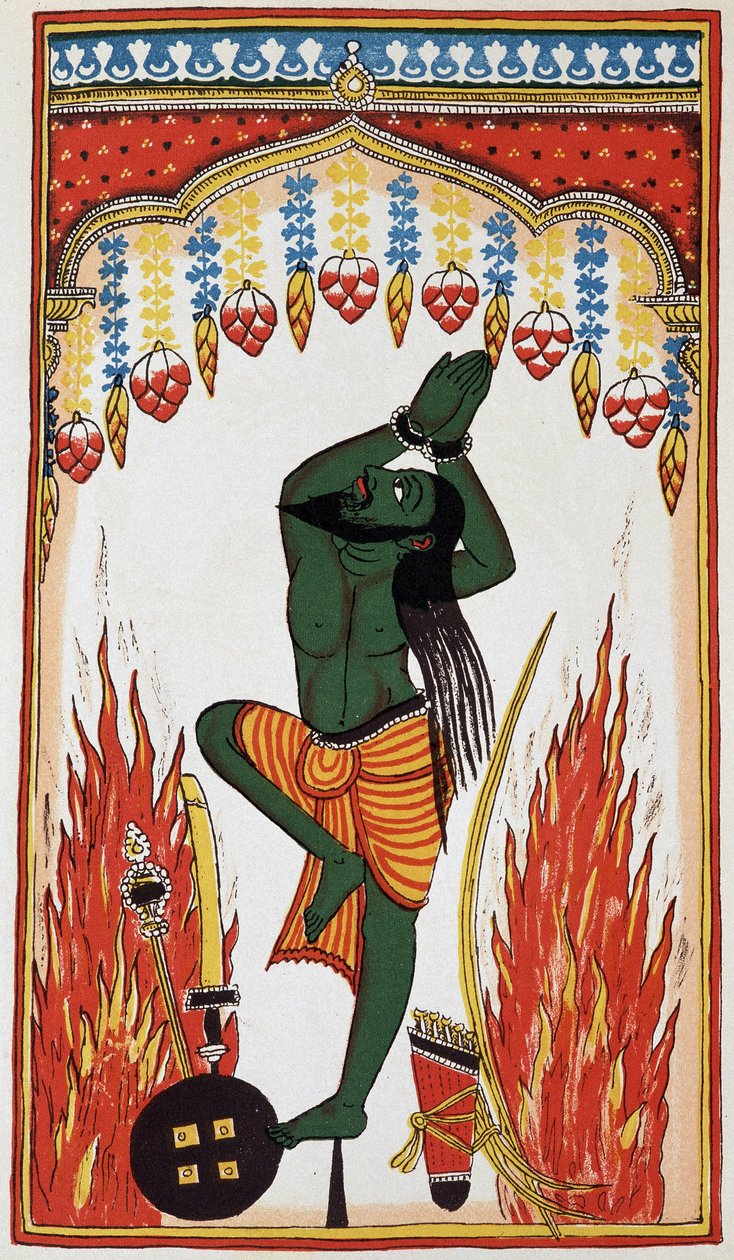 Aradjama, rukoilemassa ja tekemässä katumusta saadakseen aseet, jotka tekevät hänestä voittamattoman, litho 1700-luku. tekijältä Indian School