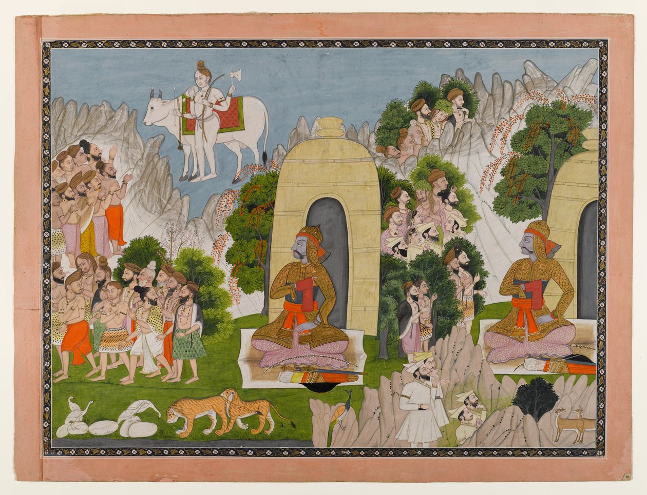 Arjunas Penance, kohtaus Mahabharata-sarjasta, n. 1825-1840 (wc ja kultaa paperilla) tekijältä Indian School