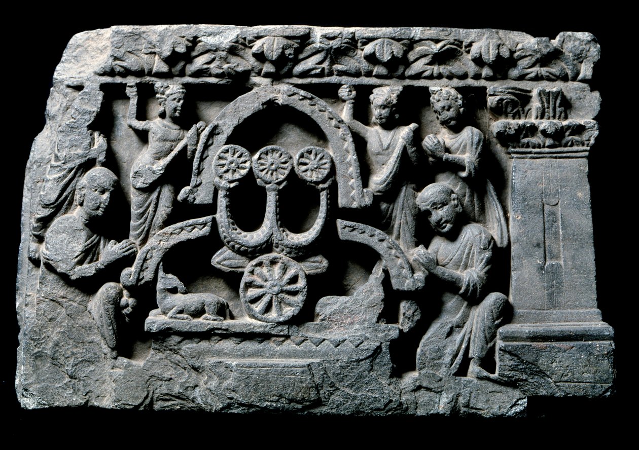 Gandharan taide (tai kreikkalaisbuddhalaisuus): "" Buddha rukouksessa"" ihme Sravasti (Shravasti tai Savatthi) (Rukoileva Buddha, Sravastin ihme) Gandhara-koulun helpotus - 2.-4. vuosisadat - Intian museo, Kalkutta, Intia tekijältä Indian School