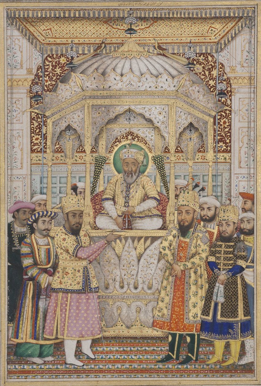 Bahadur Shah II Darbarissa, n. 1837 (läpinäkymätön wc ja kultaa paperilla) tekijältä Indian School