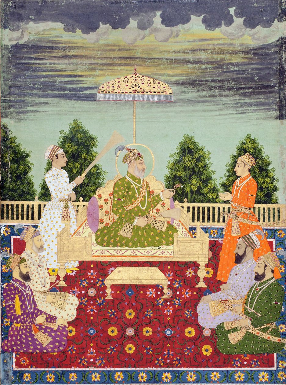 Bahadur Shah neljän poikansa ja pojanpoikansa kanssa, n. 1710 (akvarelli ja kulta paperille) tekijältä Indian School