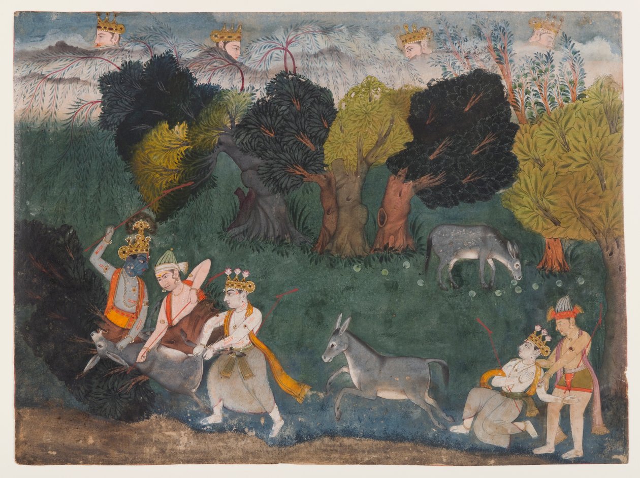 Balarama Kills the Ass Demon, sivu hajallaan olevasta Bhagavata Purana -sarjasta, n. 1725 (läpinäkymätön akvarelli ja hopea paperilla) tekijältä Indian School