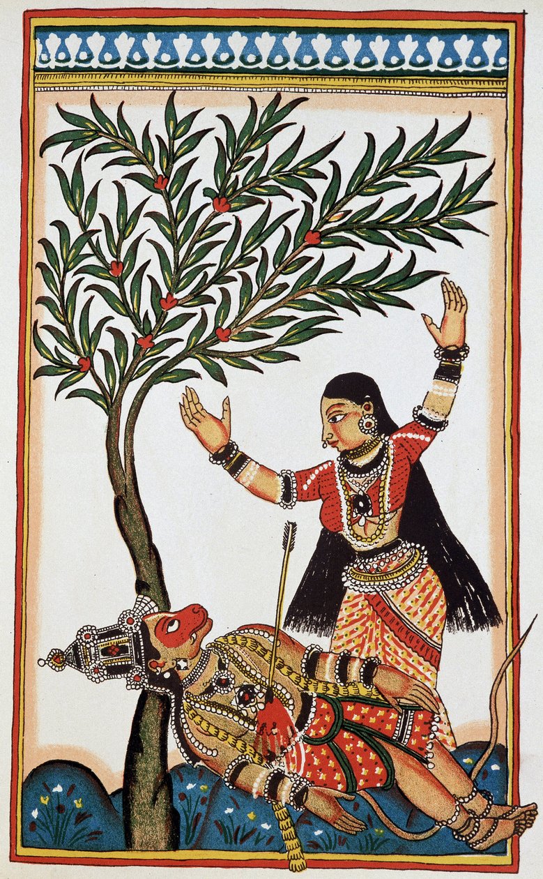 Bali tapettiin nuolella, hänen vieressään Tara hänen vaimonsa, litho kahdeksastoista. tekijältä Indian School