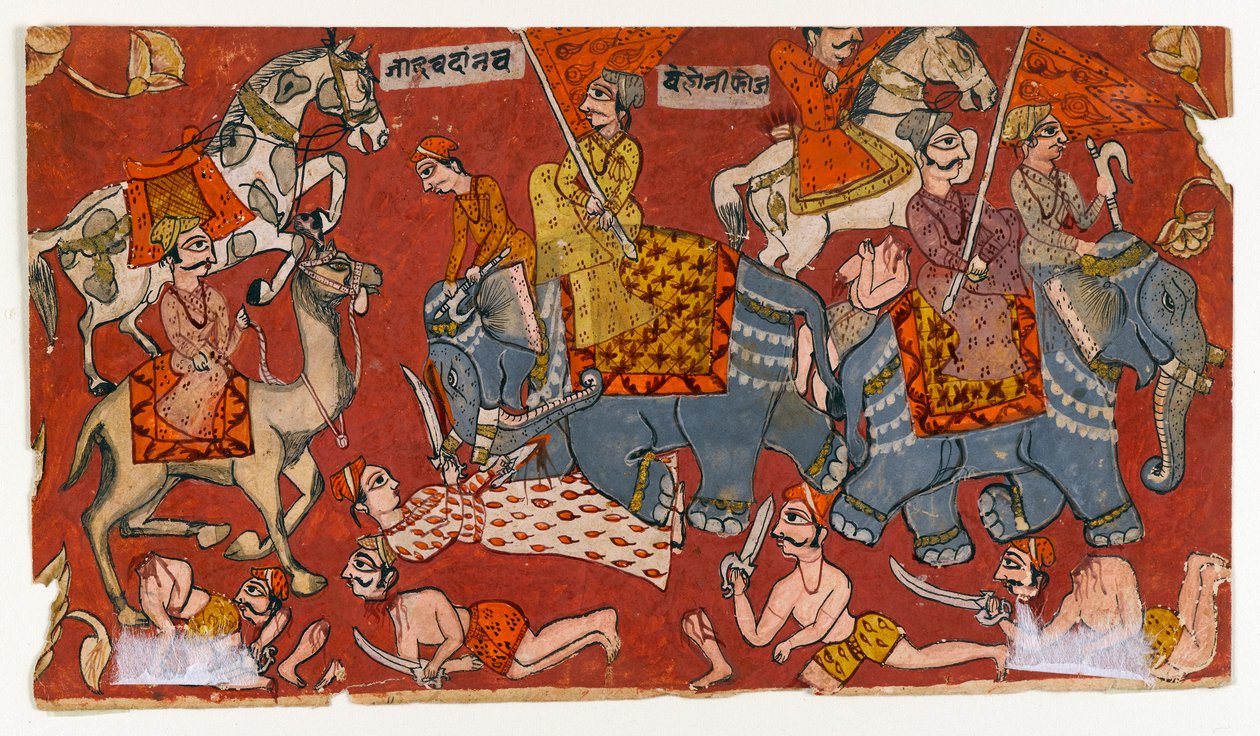 Taistelukohtaus Bhagavata Purana -sarjasta, n. 1625-1650 (akvarelli ja kulta paperille) (versio 499329) tekijältä Indian School