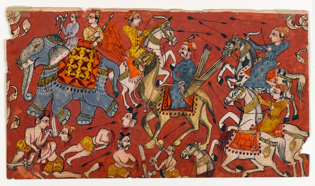 Taistelukohtaus Bhagavata Purana -sarjasta, n. 1625-1650 (akvarelli ja kulta paperille) (recto of 499330) tekijältä Indian School