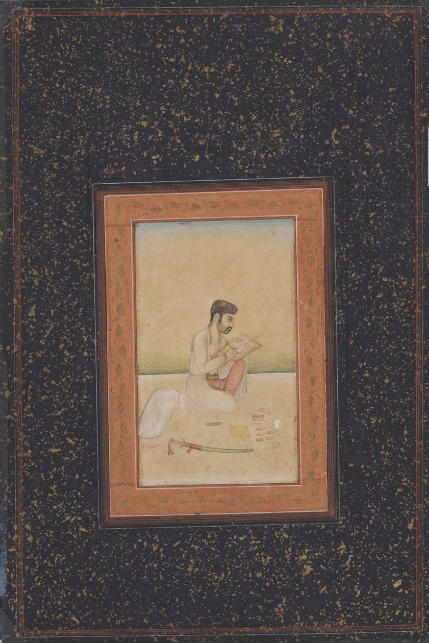 Taidemaalari Behzad silmälaseilla (mustetta, väriä ja kultaa paperilla) tekijältä Indian School