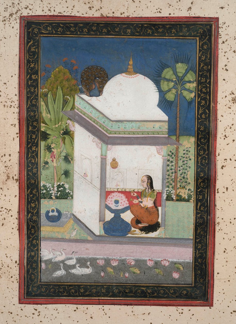 Bhairavi Ragini, n. 1790 (guassi paperille, kultainen koristelu) tekijältä Indian School