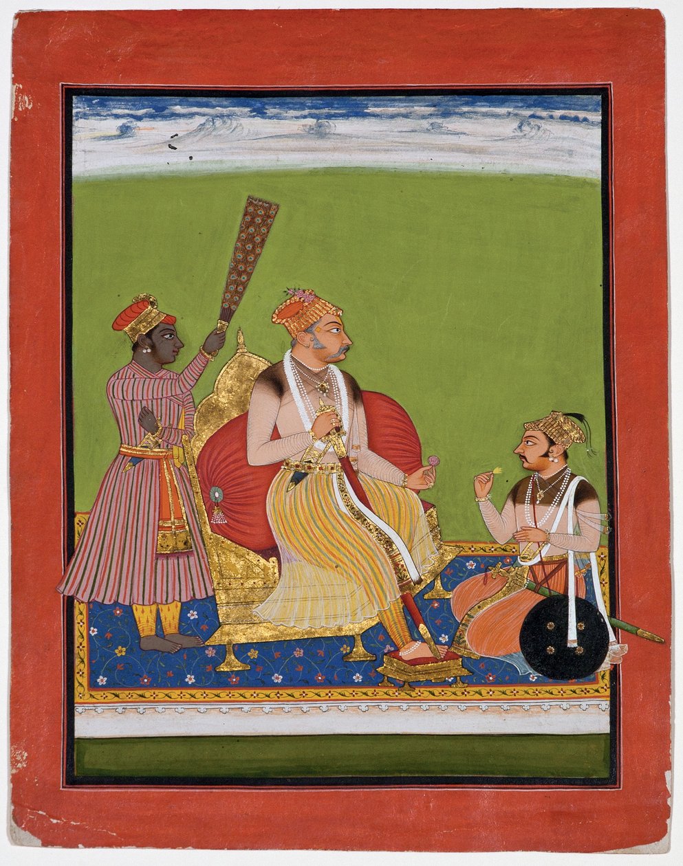 Bhao Singh valtaistuimella aatelinen jaloissaan, n. 1680 (läpinäkymätön wc ja kultaa paperilla) tekijältä Indian School