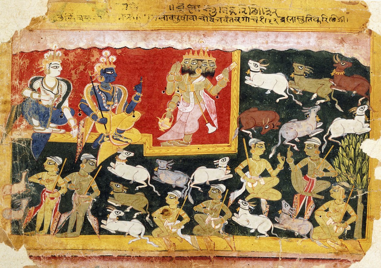 Brahma osoittaa kunnioitusta Krishnalle Vishnun inkarnaationa, n. 1540-1575 tekijältä Indian School