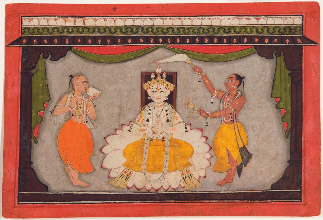 Vishnun Buddha-avatar, n. 1700 (läpinäkymätön wc, kulta- ja kovakuoriaiskilvet paperilla) tekijältä Indian School
