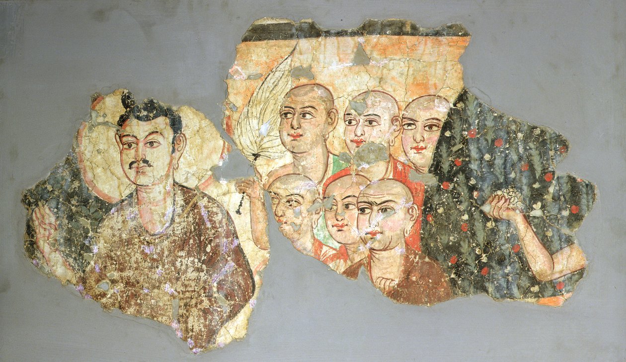 Buddha kuuden opetuslapsensa kanssa, Miranista, 3.-4. vuosisadan (seinämaalaus) maalaus) tekijältä Indian School