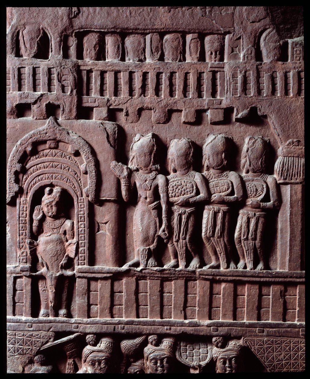 Buddhalaisuus: "" Yksityiskohta Maran voitosta"" (Voitto Marasta) yksityiskohta du stupa de Bharhut (Barhut, Barouth) Musta kivirelief, 2. vuosisadalla eKr. (2. vuosisadalla eKr.) - Kolkata, intialainen museo tekijältä Indian School