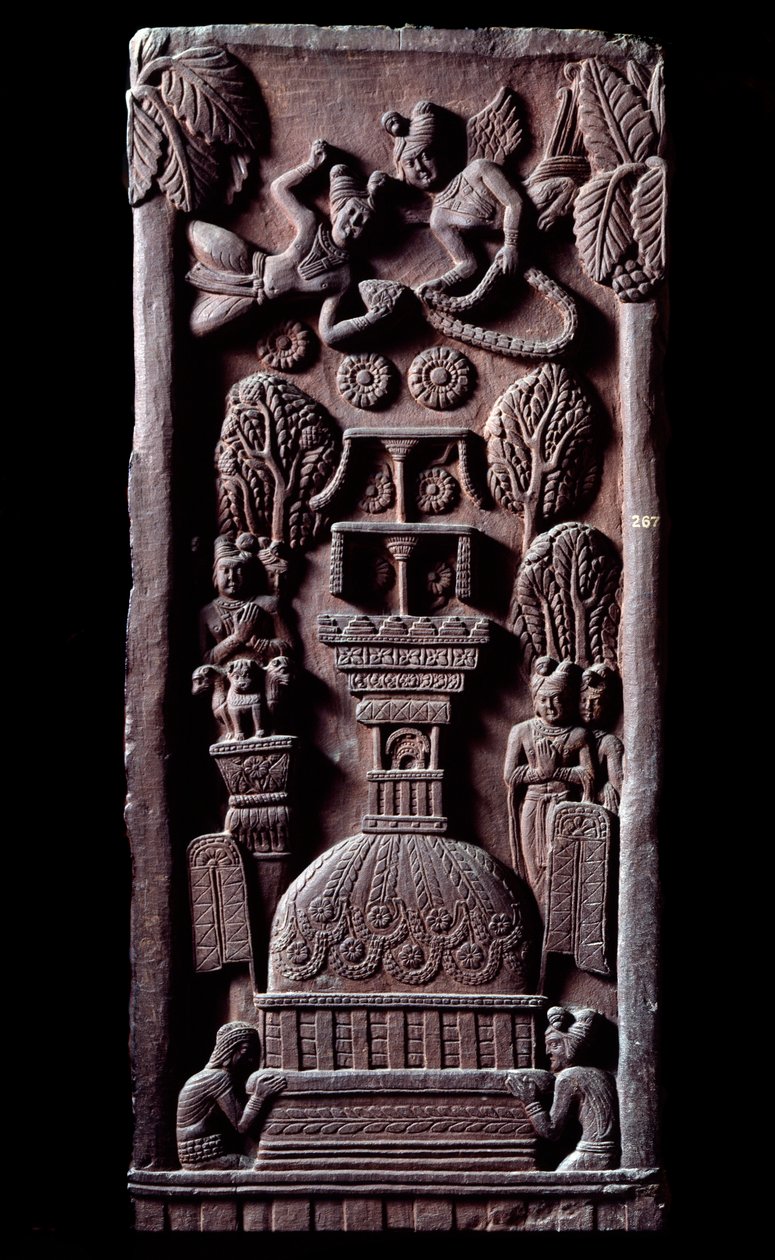 Buddhalaisuus: "" Mahaparinirva a ou parinirvana, Buddhan maallisen olemassaolon loppu, nirvanan saavuttaminen" (Parinirvana, lopullinen nirvana, joka tapahtuu Buddhan ruumiin kuoleman jälkeen) yksityiskohta du stupa de Bharhut (Barhut, Barouth) Matala koh tekijältä Indian School