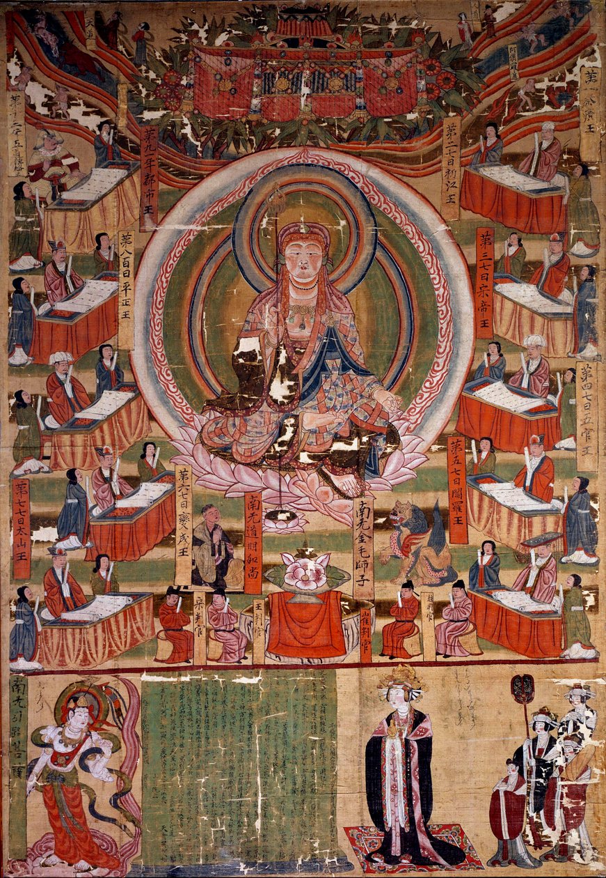 Buddhalaisuus: "" Bodhisattva (tai Bodhisatta) Ti-tsang, kuuden ehdon mestari ja helvetin kymmenen kuningasta (Ksitigarbha)"" Maalaus vuodelta 983, Intia. Himmeä. 0,22x0,4 m. Pariisi, Guimetin museo, Aasian taiteen kansallinen museo tekijältä Indian School