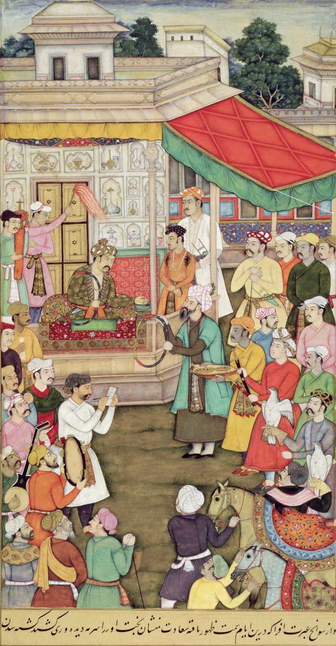 CBL Vuonna 03.54 Akbar (r.1556-1605) vastaanottaa lahjoja Badakhshanin suurlähettiläiltä, Akbarnamasta, n. 1605 tekijältä Indian School