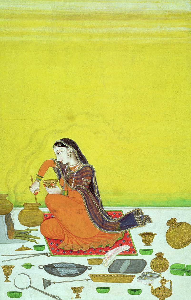 CBL, 11B.30 Nainen valmistaa aterian, pienoismalli Bhagavata Purana -sarjasta, Kangra, n. 1810 tekijältä Indian School