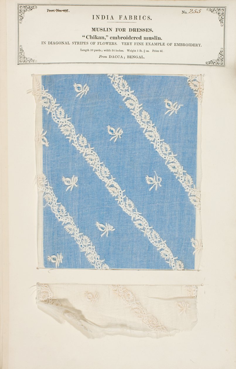 Chikan-kirjailtu musliininäyte Daccasta Bengalista, kokoelmasta The Collection of the Textile Manufacturers of India, John Forbes Watson, julkaistiin vuonna 1866 tekijältä Indian School