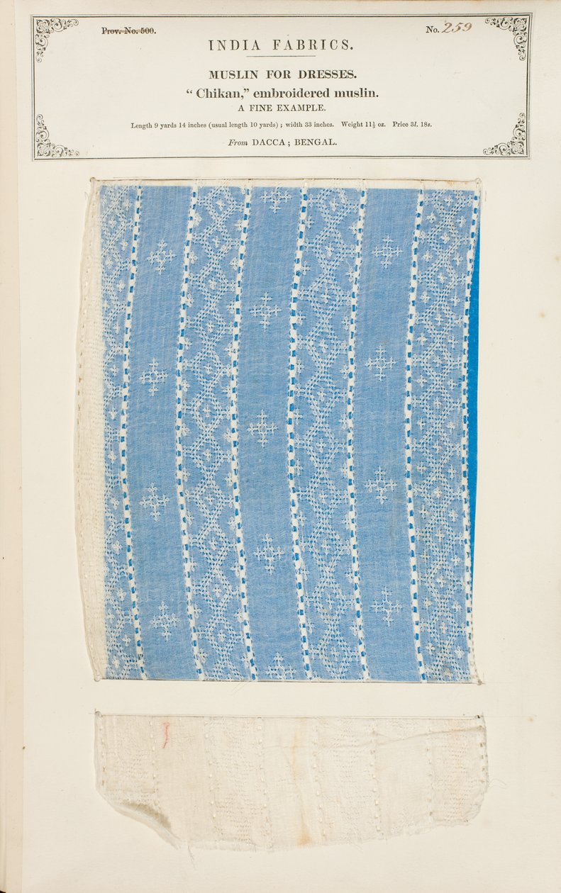 Chikan-kirjailtu musliininäyte Daccasta Bengalista, kokoelmasta The Collection of the Textile Manufacturers of India, John Forbes Watson, julkaistiin vuonna 1866 tekijältä Indian School