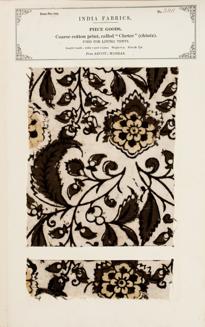 Karkea puuvillanäyte chetee (chintz) -kuviolla Arcotilta Madrasista, kokoelmasta The Collection of the Textile Manufacturers of India, John Forbes Watson, julkaistiin vuonna 1866 tekijältä Indian School