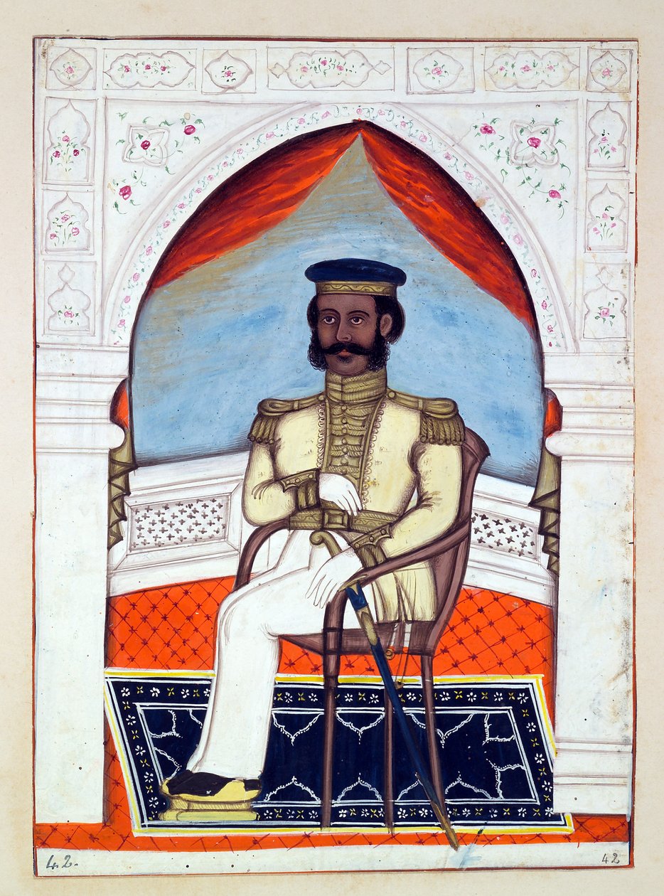 Eversti Dhunkal Singh, kirjasta Punjabin kuningaskunta, sen hallitsijat ja päälliköt, osa II, 30 akvarellitutkimuksen osio tuntemattomalta intialaiselta taiteilijalta, n. 1840 (wc paperilla)d tekijältä Indian School