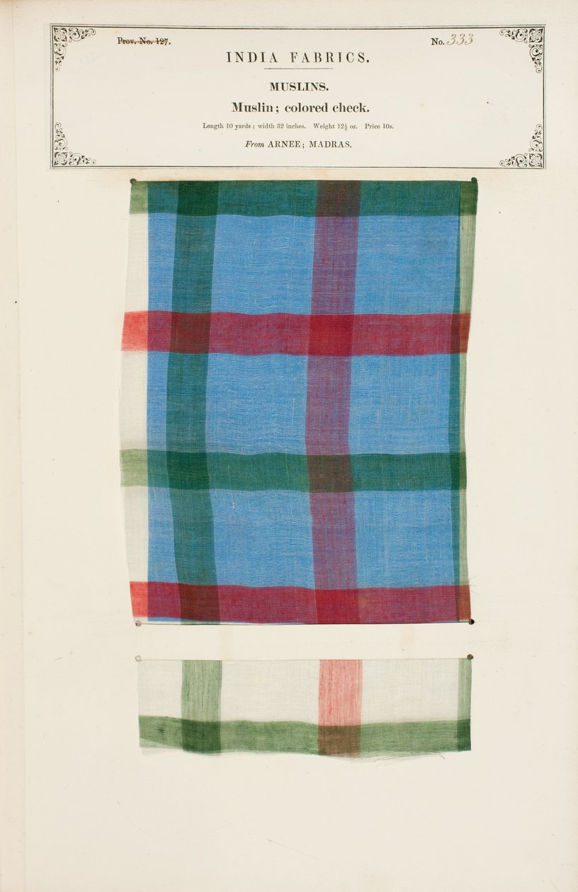 Värillinen shekkimusliininäyte Arneesta Madrasista, kokoelmasta The Collection of the Textile Manufacturers of India, kirjoittanut John Forbes Watson, julkaistu vuonna 1866 tekijältä Indian School