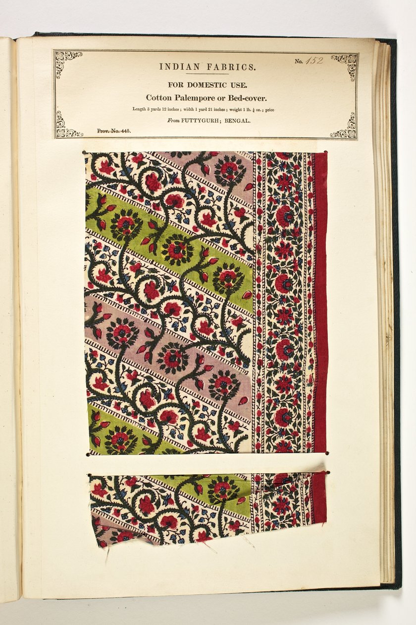 Cotton Palempore tai Bed Cotton, Fatehgarh, Uttar Pradesh, Intia, Kotitalouskäyttöön, nro 152 "The Collection of the Textile Manufacturers of India", kirjoittanut John Forbes Watson, julkaistu vuonna 1866 tekijältä Indian School